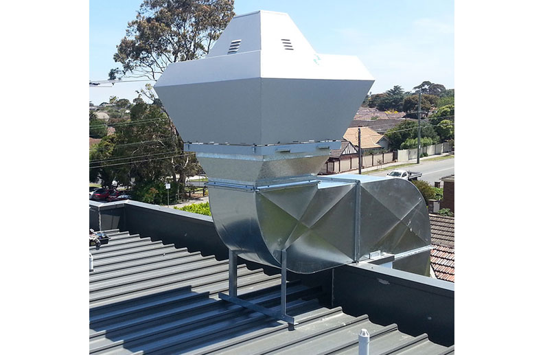 A car park extraction system was installed as per Mechanical Design. The sheet metal ducting had high and low level grilles and was controlled with a Variable Speed drive and Roof Mounted Fantech Fan. 2 x CO2 (Carbon Dioxide) sensors contolled the fan and fire dampers were required through the slab penetrations.